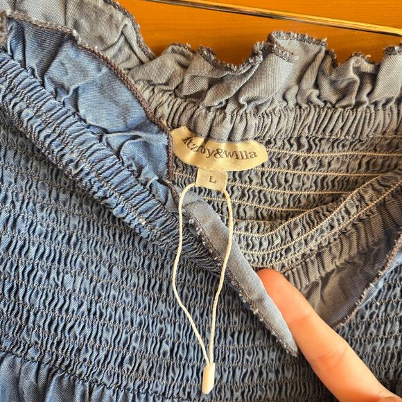 Fitroy & Willa Rayon Chambray Smocked Strapless Tier Midi Dress NWOT Large Boho - Picture 3 of 4